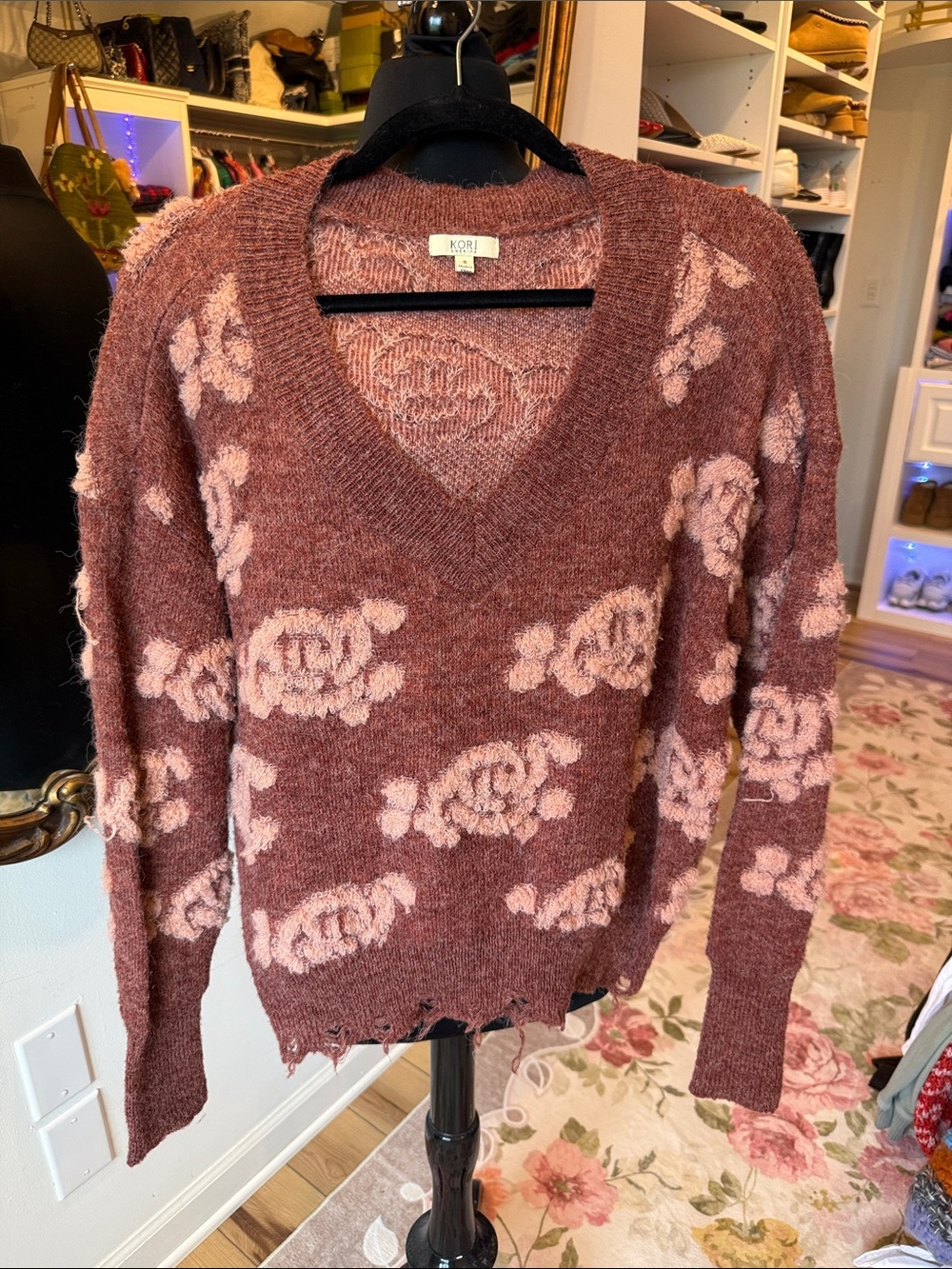 Kori Dusty Rose Floral V-Neck Sweater